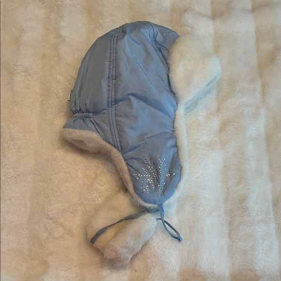 Girls Faux Fur Fleece Lined Winter Hat with Ear Flaps Blue Crystals - Picture 5 of 5